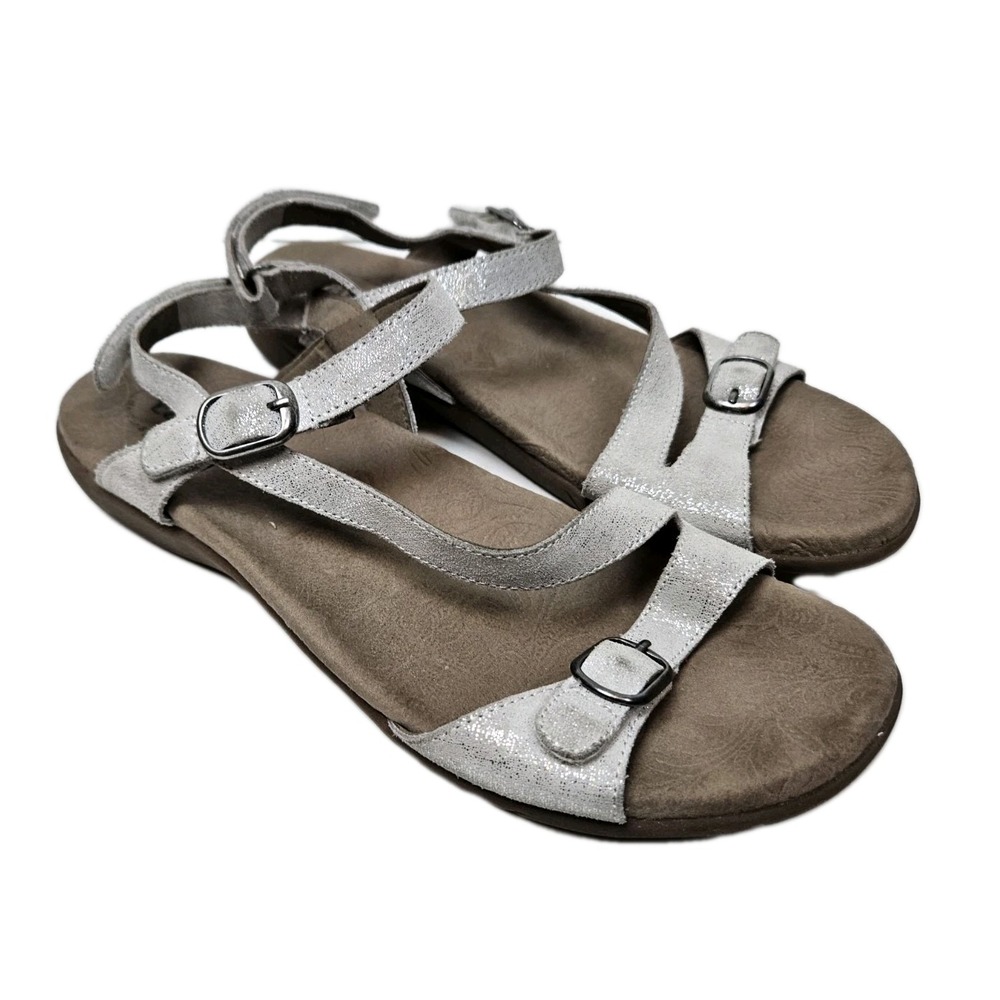 Taos Silver Metallic Strappy Sandals 11  Womens Classic Hook Loop Buckle